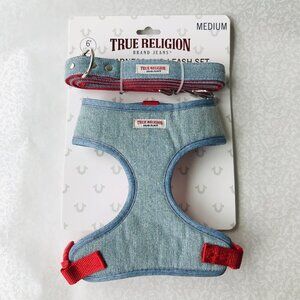 True Religion Pet Harness & Leash Set  Light Blue /Red Lined   Size : M